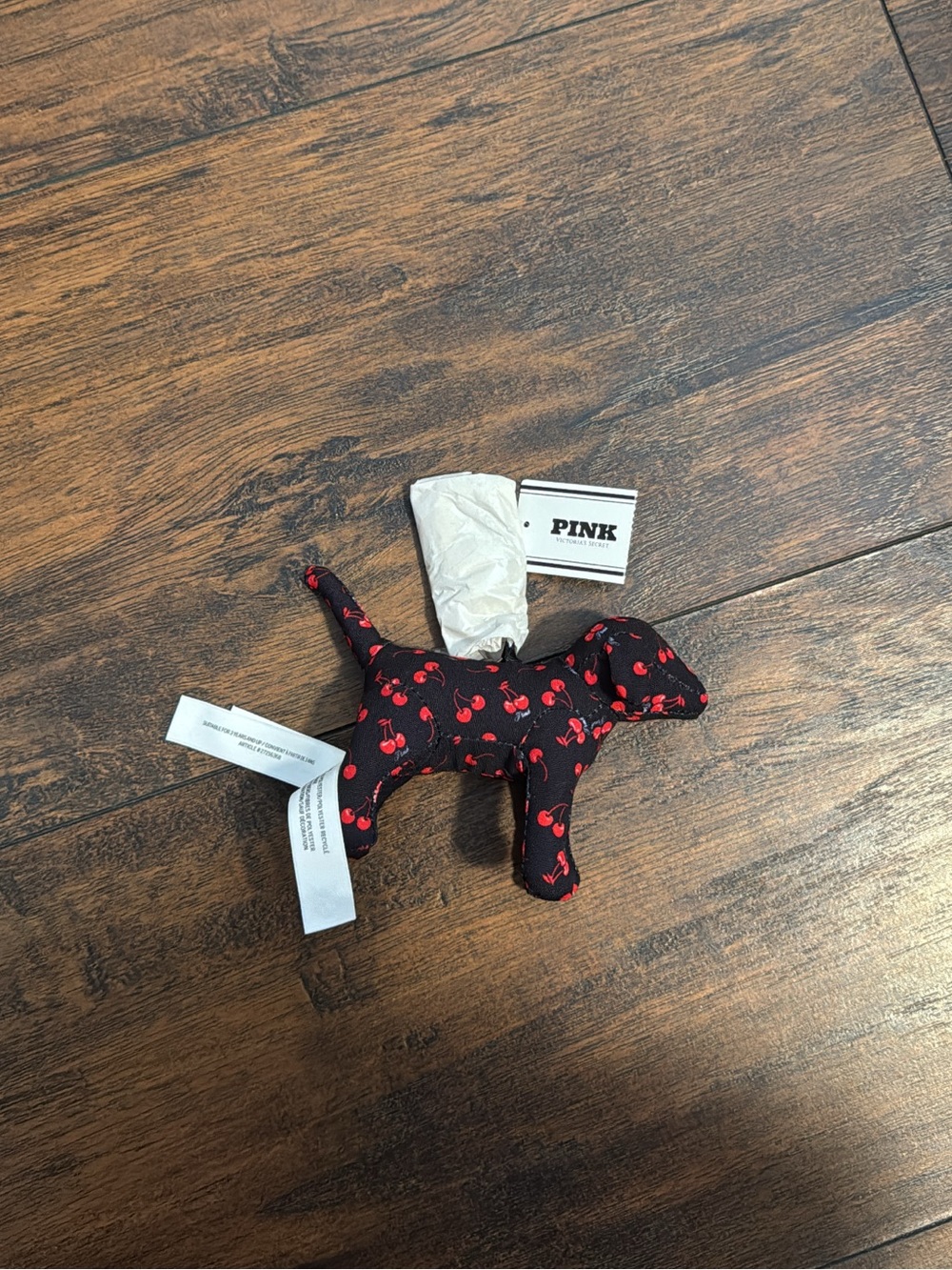 PINK Victoria's Secret Dog Plush Keychain - Black with Red Cherrys